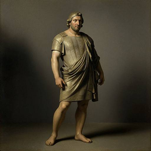 Photograph of a bearded man in ancient Roman-style bronze armor and helmet, standing barefoot on a dark gray background.