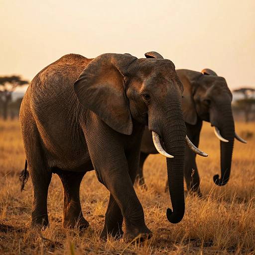 Photograph of two African elephants with large tusks standing in a golden, grassy savanna during sunset, with a blurred tree line in the background