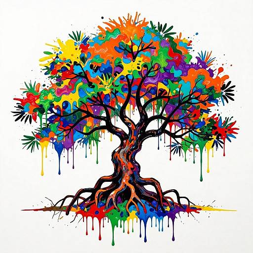Vibrant, abstract tree illustration with colorful paint splatters and drips, featuring black tree trunk and roots, set against a white background.