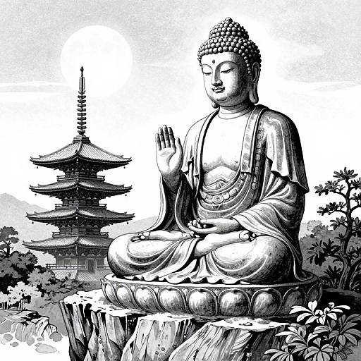 Buddha Statue on Cliff at Moonlight