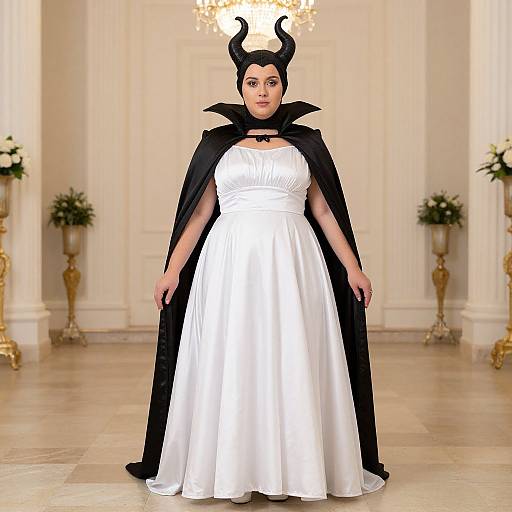 Photograph of a woman in a white, strapless gown with a black cape and horned headpiece, standing in an elegant, white-walled