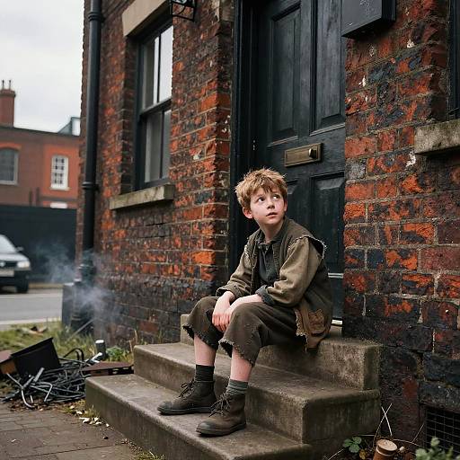 Photograph of a young boy with tousled blond hair, wearing a brown shirt and pants, sitting on brick building steps, smoking, surrounded by urban