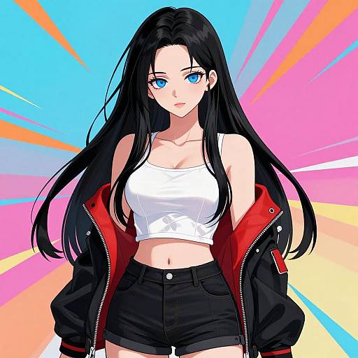 Anime-style digital illustration of a fair-skinned, blue-eyed woman with long black hair, wearing a white crop top, black shorts, and unz