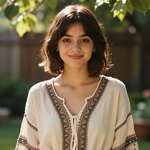 Photograph of a young woman with medium-length dark brown hair, wearing a white, embroidered blouse, smiling softly in sunlight, greenery and blurred wooden