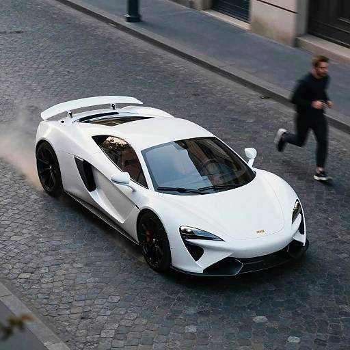 Futuristic White Car Speeding on Cobblestones