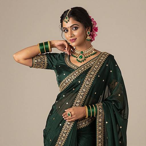 Elegant Woman in Dark Green Saree