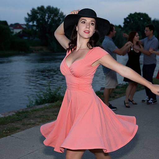 Photograph of a young woman in a pink, V-neck, flared dress and black hat, dancing by a river at dusk, with blurred on