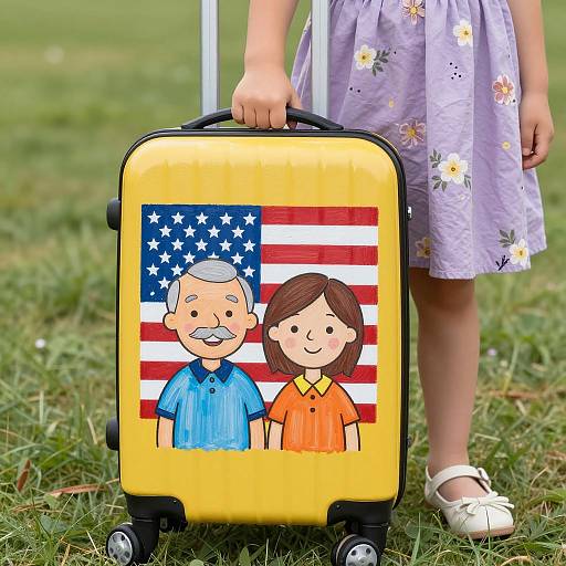 Child with Yellow Suitcase and Smiling Couple