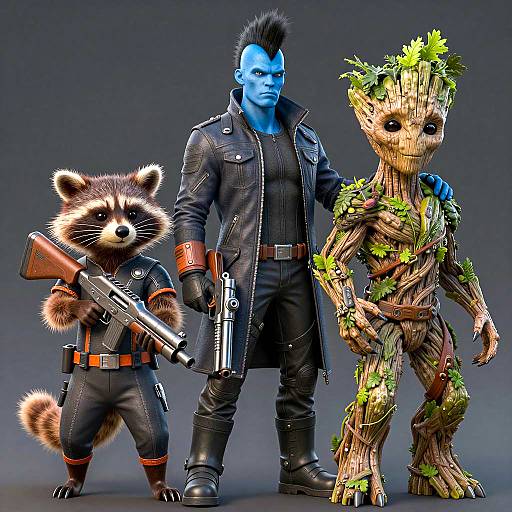 Futuristic Trio: Blue Humanoid and Raccoon