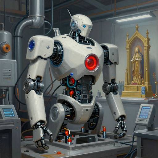 Photorealistic CGI of a white, humanoid robot with red and blue lights in a factory, next to a golden statue of a robed figure on