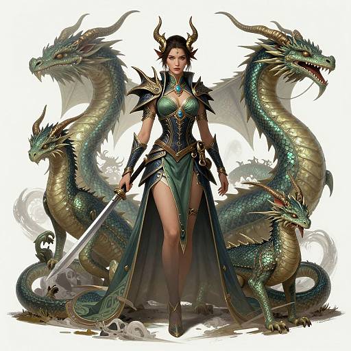 Digital art of a fierce, dark-haired woman with horns, in green and black armor, standing between two green dragons, holding a sword.