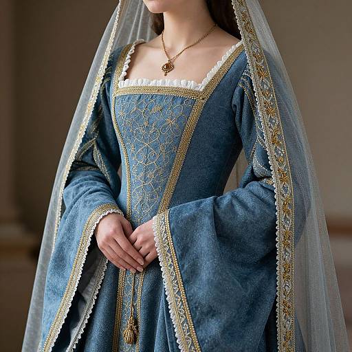 Photograph of a woman in a blue Renaissance-style dress with gold embroidery, lace trim, and a sheer veil, wearing a gold necklace.