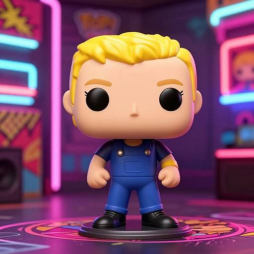 Chibi-style digital figure of a blonde-haired character in blue overalls, standing on a neon-lit, futuristic floor. Bright, colorful background.