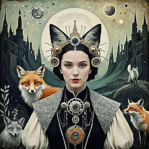 Ethereal Seer with Mechanical Fox and Mystical Forest