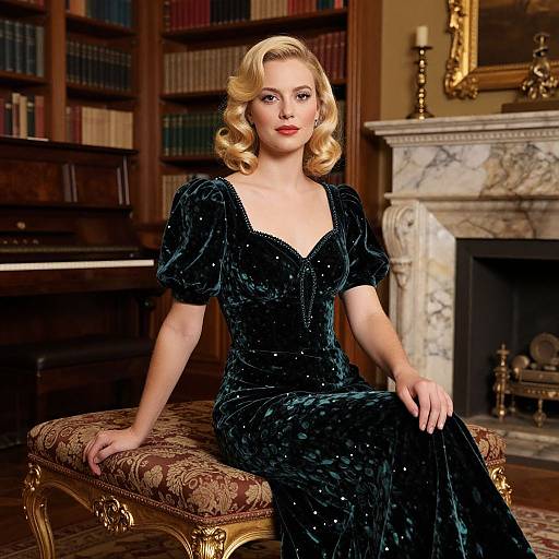 Photograph of a blonde woman with red lipstick, wearing a black velvet gown, seated on an ornate bench in a richly decorated library with book