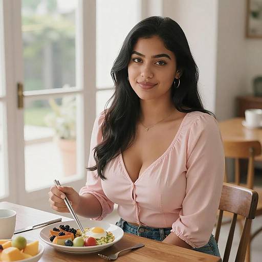 Young Woman Enjoying a Sunlit Meal