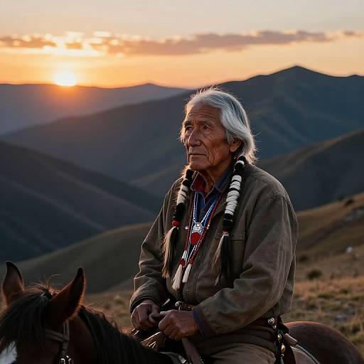 Photograph of an elderly Native American man with white hair, wearing traditional clothing and beaded necklace, riding a horse at sunset over mountainous terrain.