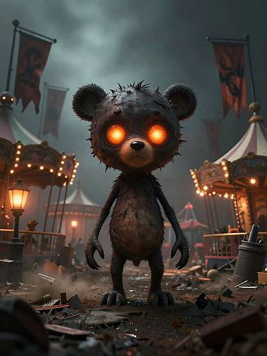 CGI image of a creepy, glowing-eyed, spiked teddy bear standing in a dark, foggy carnival at night with broken debris and illuminated flags