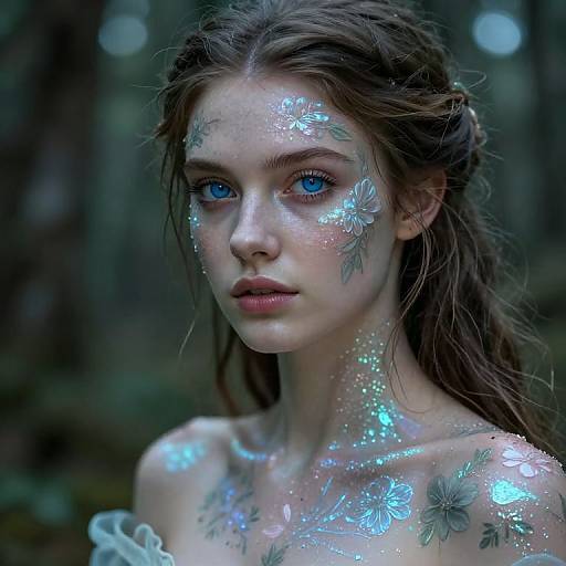 Photorealistic digital artwork of a young woman with glowing blue flower patterns on her face and shoulders, blue eyes, and brown hair, set against a