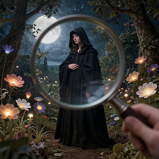 Mysterious woman in black hooded cloak viewed through magnifying glass, surrounded by glowing flowers under a full moon in a dark forest. Photograph with fantasy