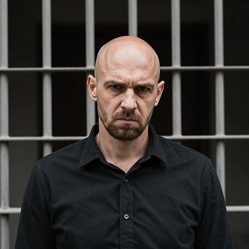 Serious bald man with goatee by barred window