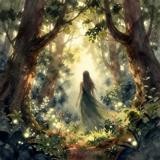 Digital fantasy artwork of a lone figure with long hair, dressed in a flowing green dress, standing in a sunlit enchanted forest, surrounded by glowing fire
