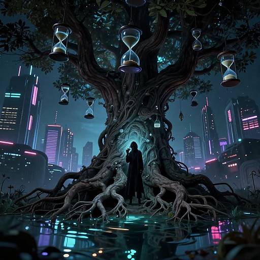 Digital artwork: Silhouetted figure stands before glowing, futuristic tree with hanging hourglasses, surrounded by neon-lit cityscape at night.