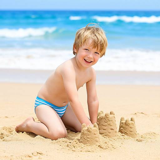 Photograph of a smiling, blonde-haired, young boy in blue-striped swim trunks, kneeling on sandy beach, building a small sandcastle. Bright