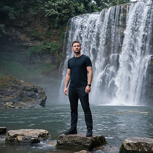 Photograph of a muscular man with short dark hair, wearing a black t-shirt and pants, standing on rocks in front of a powerful waterfall in a
