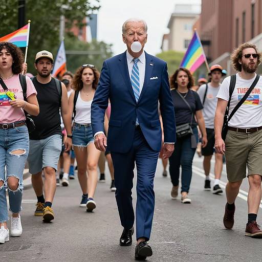 Photograph of a suited man with a blue blazer, white shirt, and blue tie, walking through a street parade with diverse, casually dressed participants