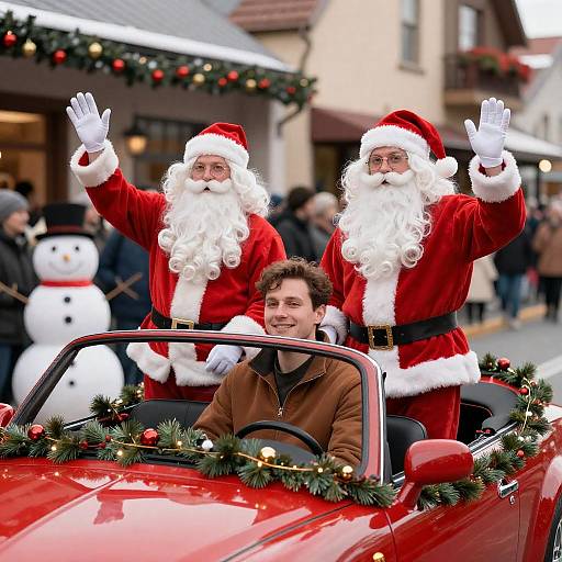 Double Santa Parade in Red Convertible