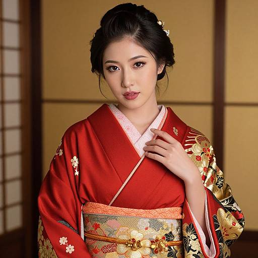 Photograph of an East Asian woman in a red and gold floral kimono, with black hair in an updo, standing against a traditional wooden-pane