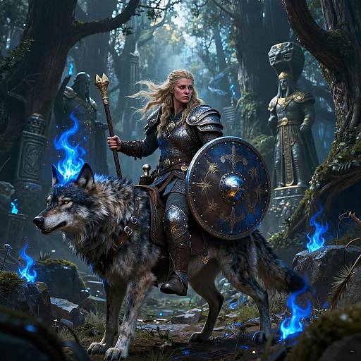 Fierce Viking Shieldmaiden on Wolf