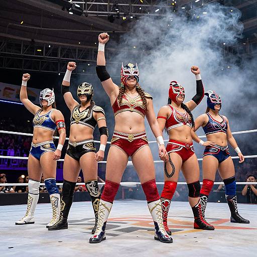 Photograph of five muscular female wrestlers in colorful, ornate wrestling gear with helmets, raising arms in victory on a smoky wrestling ring.