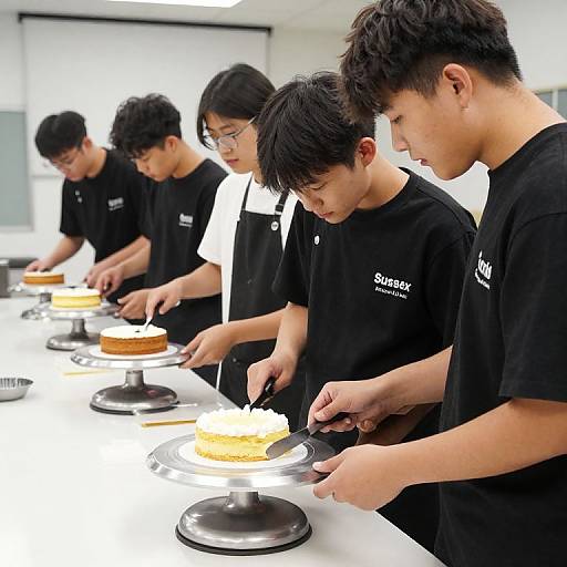 Photograph of five Asian men in black shirts, lining up to decorate cakes on glass stands, focusing intently in a bright kitchen.