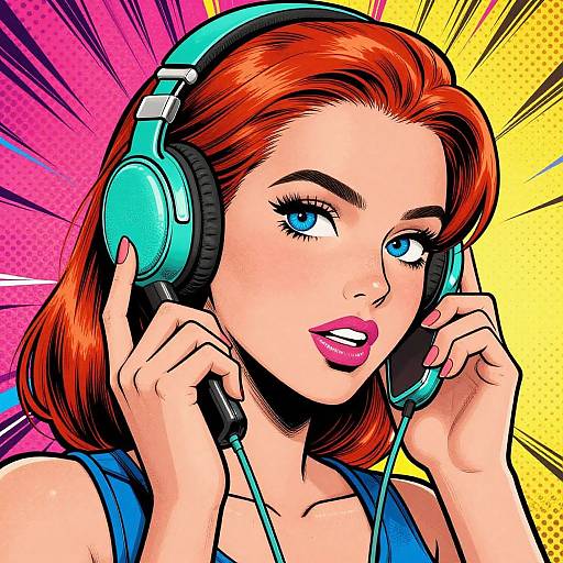 Pop art-style illustration of a red-haired woman with blue eyes, wearing teal headphones, blue top, and pink lipstick, against a vibrant pink and yellow