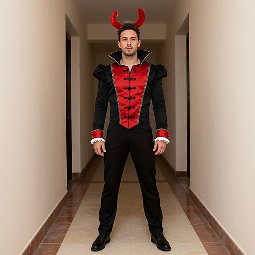 Photograph of a man in a black and red devil costume with red horns, standing in a narrow hallway.