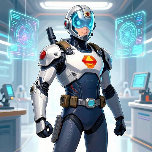 Digital illustration of a futuristic, armored superhero with a blue visor, white and black suit, red and orange emblem, standing in a high-tech lab