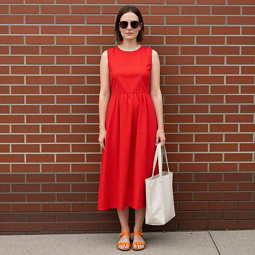Photograph of a woman in a sleeveless, bright red dress, black sunglasses, holding a white tote, standing against a red brick wall, wearing