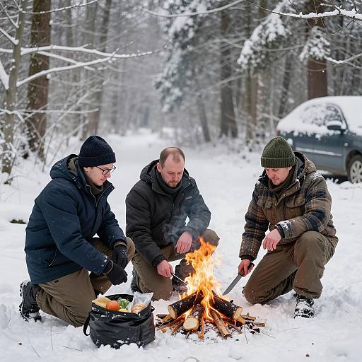 Men Kneeling Around Campfire in Snowy Forest