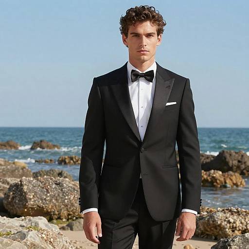 Photograph of a handsome young man with curly brown hair, wearing a black tuxedo with a white shirt and black bow tie, standing on a