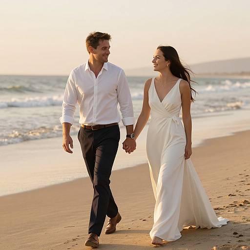 Photograph of a smiling couple holding hands on a beach at sunset; man in white shirt and black pants, woman in white, sleeveless dress.