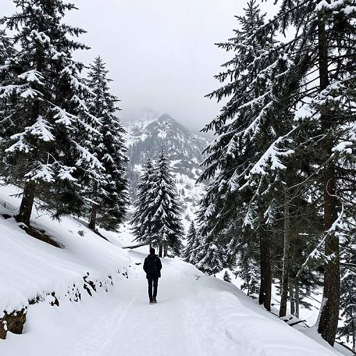 Photograph of a solitary figure in winter clothing walking through a snow-covered forest with tall, snow-laden pine trees under a cloudy sky.