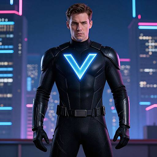 Futuristic Hero in Neon Cityscape