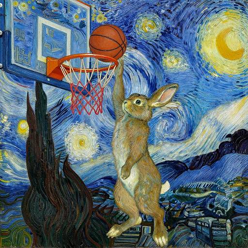 Van Gogh-Style Rabbit Dunking a Basketball