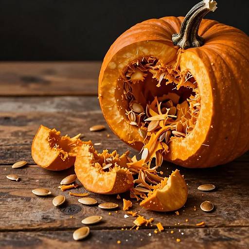 Photograph of a carved, orange pumpkin with seeds spilling out, on a rustic wooden surface with scattered pumpkin seeds.