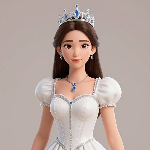 Digital rendering of a young woman with long brown hair, wearing a silver crown, white puffy-sleeve dress, blue gem necklace, and earrings