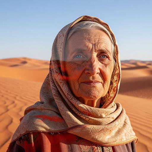 Photograph of an elderly woman with wrinkled skin and blue eyes, wearing a beige headscarf, standing in a bright, sandy desert with clear