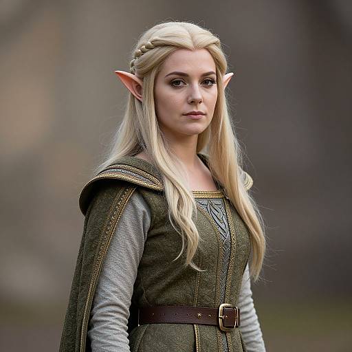 Photograph of a blonde elven woman with long hair, pointed ears, wearing a green medieval dress and gray shirt, standing outdoors.
