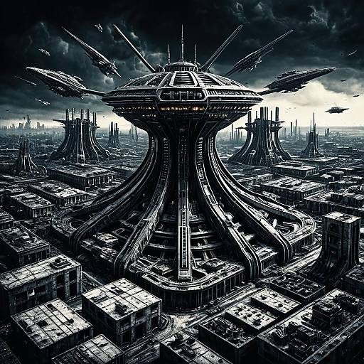 Giger-Inspired Biomechanical City Under Starship Bombardment